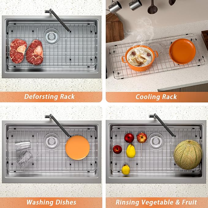 Sink Protector for Kitchen Sink,27.2 X 13.3 inch Sink Rack,Metal Sink Grate with Strainer,Stainless Steel Sink Grid for Bottom of Sink with Rear Drain Hole Dia 5",Corner Radius 1"