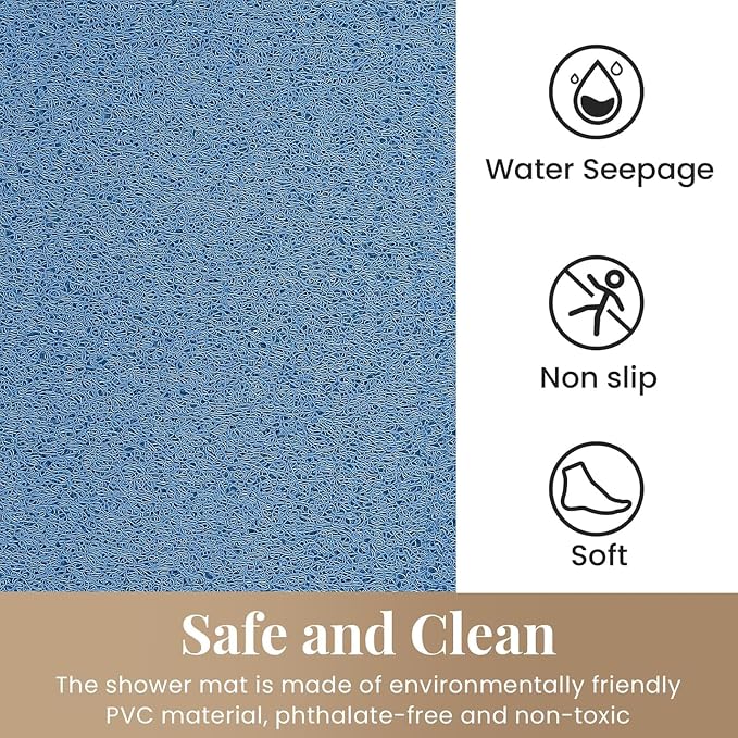 Shower Mat Bathtub Mat Non-Slip,24x24 inch, Soft Tub Mat with Drain,PVC Loofah Bath Mat (Phthalate Free) for Tub and Bathroom,Lake Blue