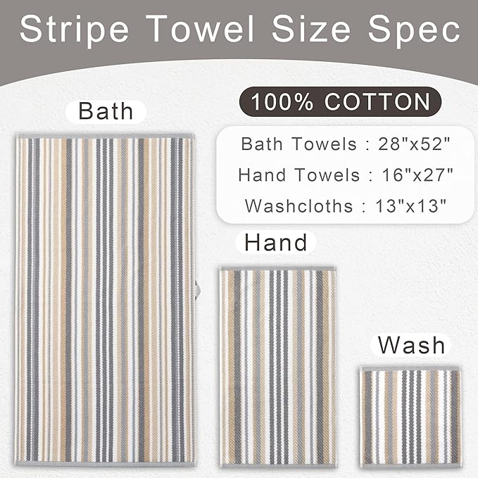VOOVA & MOVAS Striped Towels 6 Pack, 100% Cotton, Gray Beige | All-Around Bathroom Use, Available in 13x13, 16x27, 28x52 In, Quick Dry, Soft, Absorbent, Bath Towels with Hanging Loops
