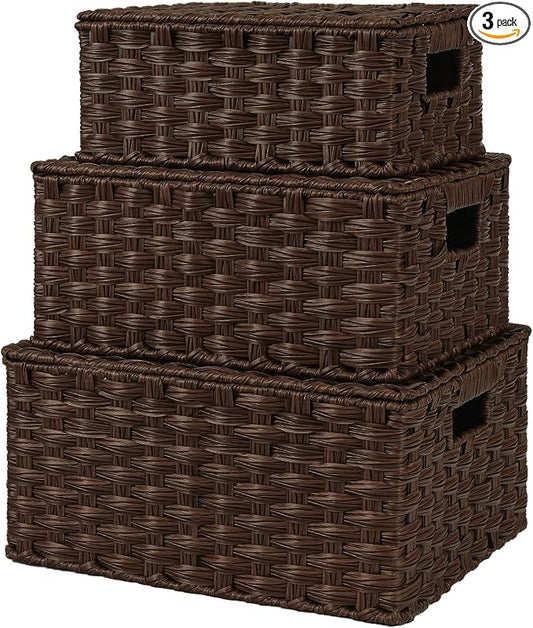 GRANNY SAYS Wicker Baskets with Lids, Decorative Storage Boxes with Lids | Woven Baskets with Lids, Wicker Baskets for Storage, Decorative Storage Boxes, Woven Stackable Basket with Lid, 3 Pack