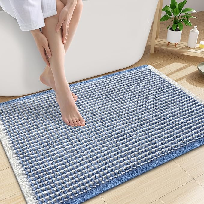 Smiry Waffle Bath Mat 30X20, Soft Absorbent Bathroom Rugs, Blue & Cream | Non Slip Machine Washable Quick Dry Bath Rugs for Bathroom Floor, Tub, Shower, Home Decor Accessories