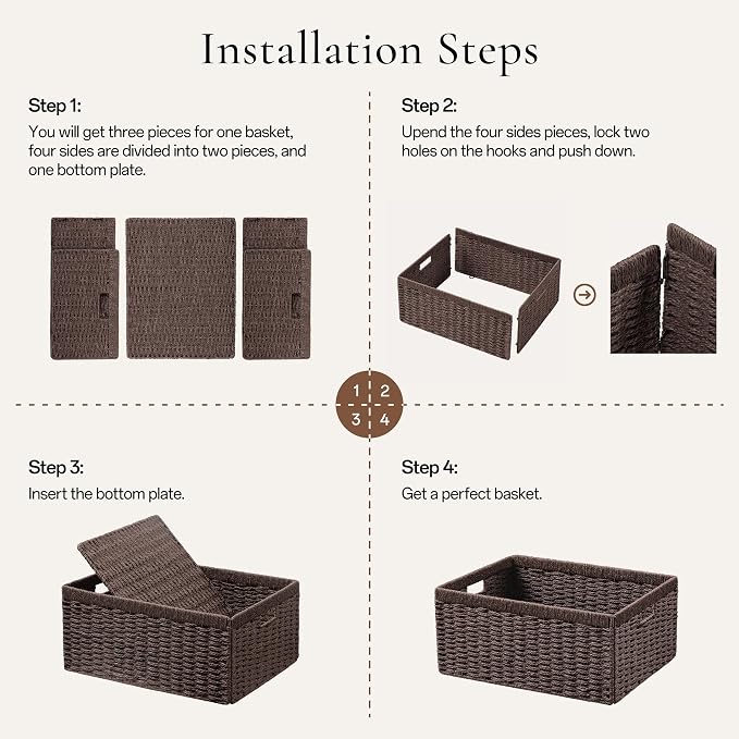 UBBCARE 3 Pack Wicker Basket, 13.4L×8.3H×7.1W inch Woven Paper Rope Storage Baskets for Shelves, Foldable Rectangular Storage Baskets with Handle, Storage Basket for Organizing, Dark Brown