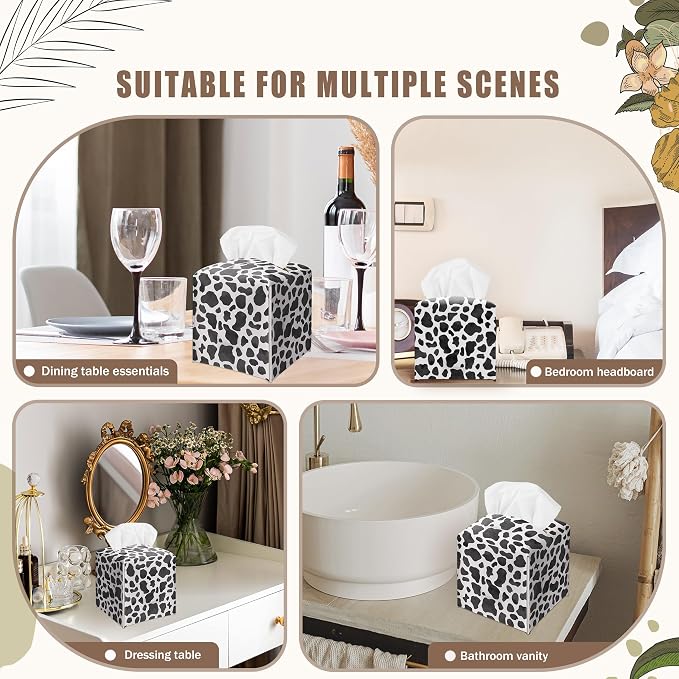 Black Cow Print Decorative Leather Tissue Box Cover - Cute Tissue Holder Gifts for Women and Friends Funny Unique for Home Decor Decorative for Kids Room Kitchen Bathroom Office