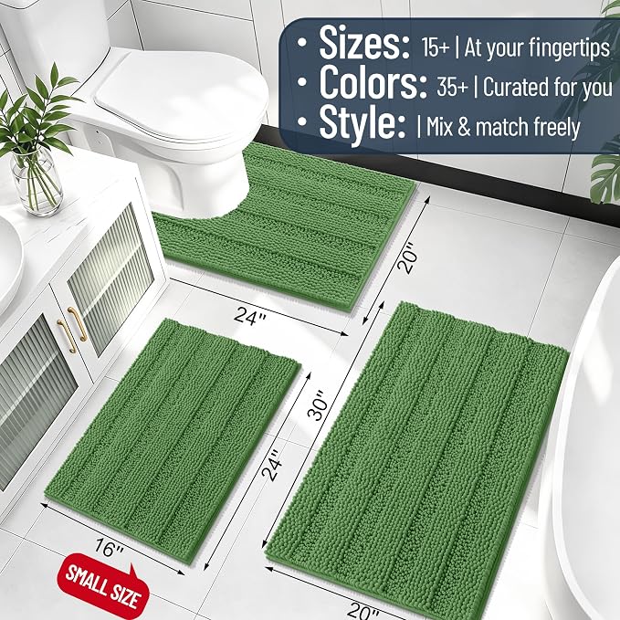 Smiry Thick Chenille Bathroom Rugs 36x24, Absorbent Bath Mat, Olive Green | Quick‑Dry & Machine Washable, Non‑Slip Bath Carpet, Soft Striped Bath Rugs for Tub & Shower, Modern Home Decor Accessories