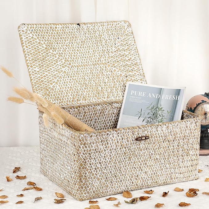 Hipiwe Wicker Woven Baskets Bin with Lid Seagrass Storage Basket, X-Large | Natural Decorative Baskets Rectangular Household Basket for Shelf Wardrobe Home Decor, Whitewash