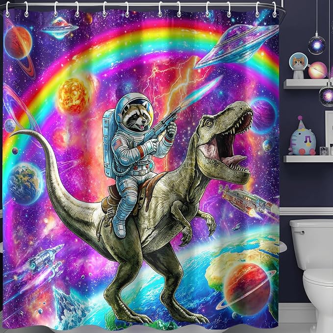 Accnicc Space Raccoon Dinosaur Shower Curtain for Bathroom 72 X 72 Inch | Funny Cool Animal Dino Shower Curtains, Fantasy Galaxy Kids Bathroom Curtain Decor, Water-Resistant Washable Polyester Fabric