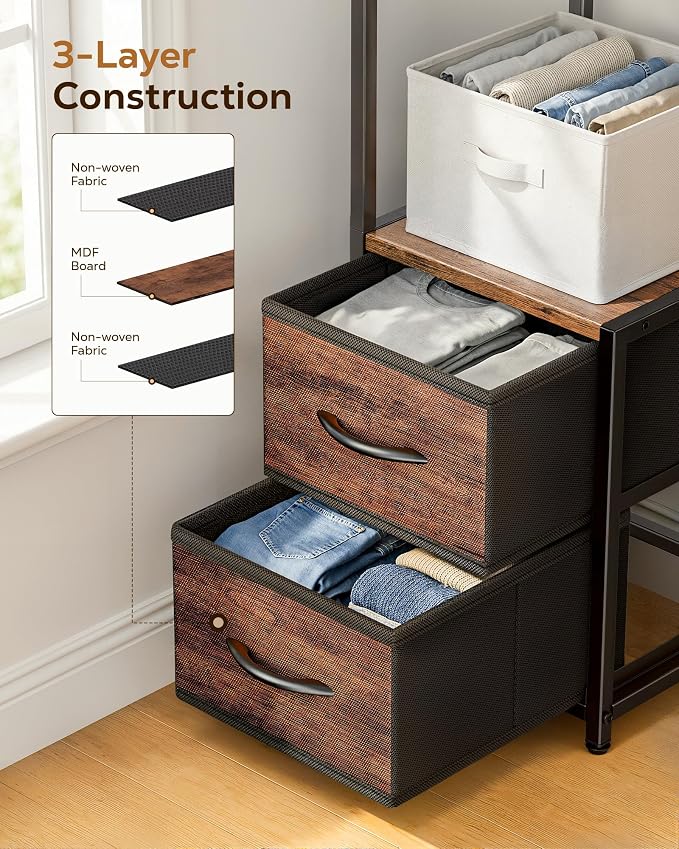 Housolution 6 Tier Corner Shelf Stand with Storage and Fabric Drawers,Brown | 63.4'' Tall Narrow Corner Bookshelf, Freestanding Corners Storage Shelf for Living Room Bedroom Small Space