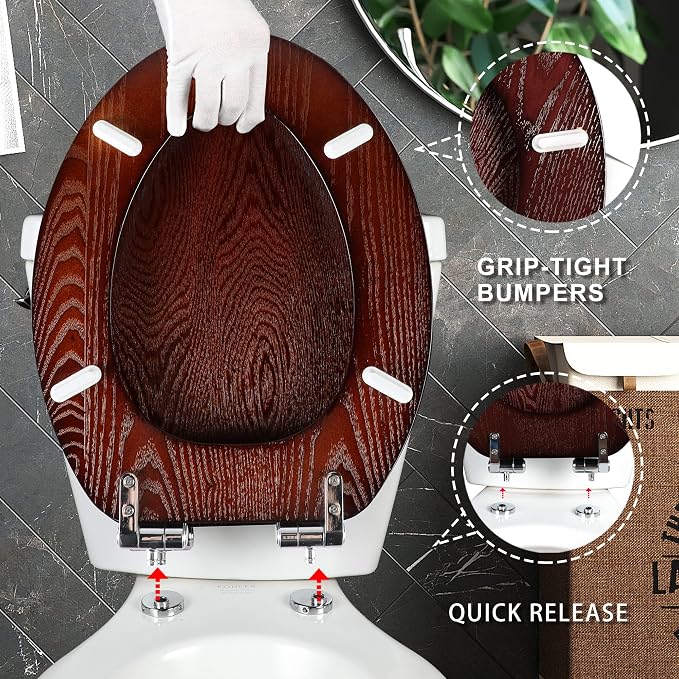 Angel Shield Elongated Wood Toilet Seat with Quiet Close,Easy Clean,Quick-Release Hinges(Elongated,Dark Walnut)