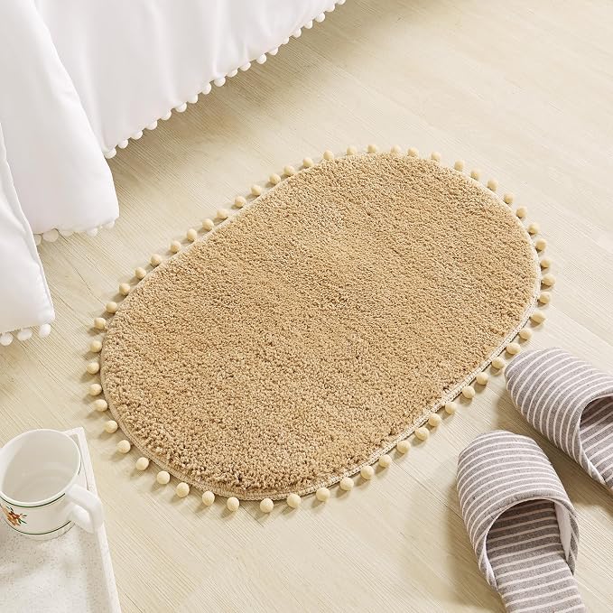 YIRDDEO Oval Rug for Bathroom, Cute Boho Bath Mat with Pom, Khaki | Soft Plush, Absorbent, Quick Dry, Machine Washable, Non Slip Bath Mat for Bathroom Shower Floor Home Decor