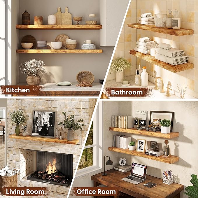 48 Inch Floating Wall Shelves Solid Elm Wood | Long Live Edge Rustic Shelving, Natural Wood Finish, Hidden Brackets, Wall Decor For Kitchen And Living Room