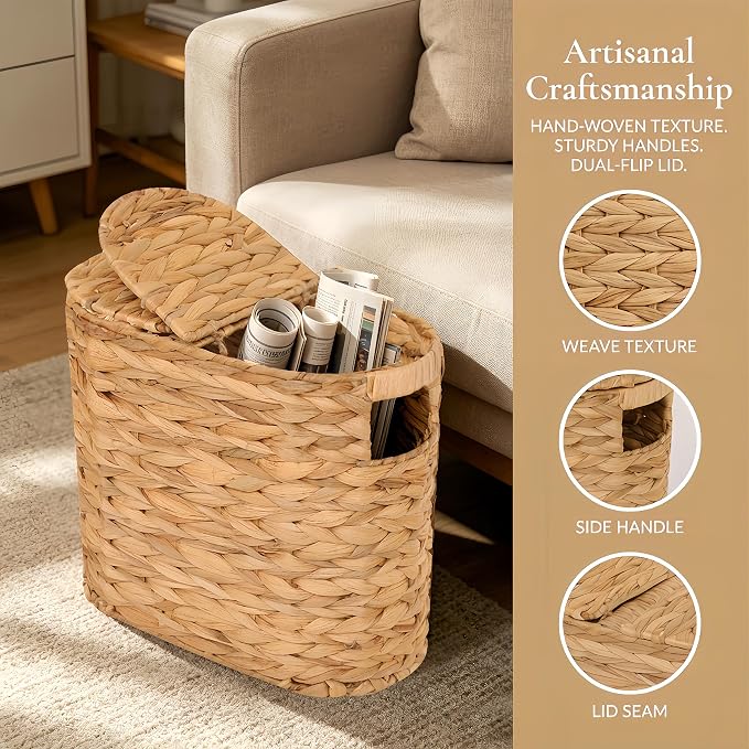 Wicker Toilet Paper Storage Basket with Lid for 4 Rolls,Natural | Wicker Storage Basket with Built-in Handles,Natural Water Hyacinth Hand-Woven Basket for Bathroom Organizers and Storage