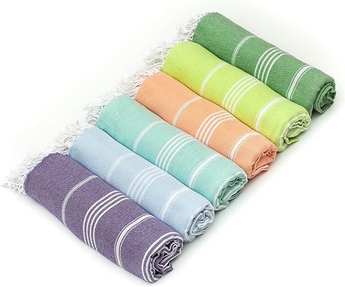 Turkish Beach Towel Set of 6 Oversized 72x40 100% Turkish Cotton | Soft Hammam Peshtemal, Sand Free, Quick-Dry, Absorbent Bath Towel | Lightweight & Compact for Travel, Pool, Gym, Spa - Summer