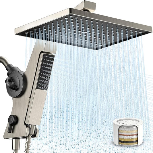 MakeFit Filtered Rain Shower Head with Handheld Combo High Pressure 12'' Rainfall Shower Heads & Hidden Detachable Wand Dual Showerhead Water Softener for Hard Water Easy Filter Replacement