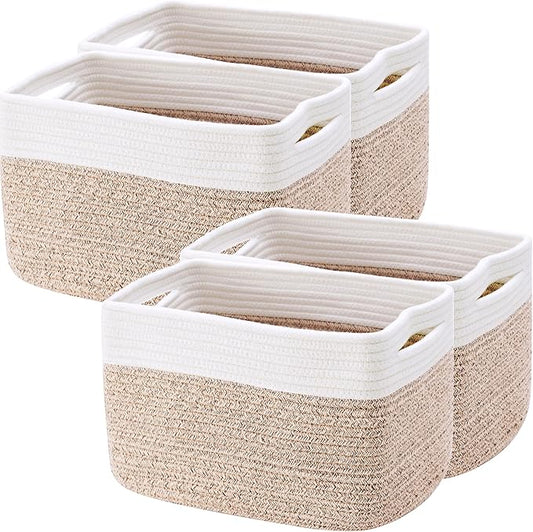 4 Pack Storage Baskets for Organizing Woven Baskets for Shelves | Cotton Rope Rectangle Storage Basket Bins for Bedroom & Living Room 12.7''Lx9''Wx7.8''H, Brown & White