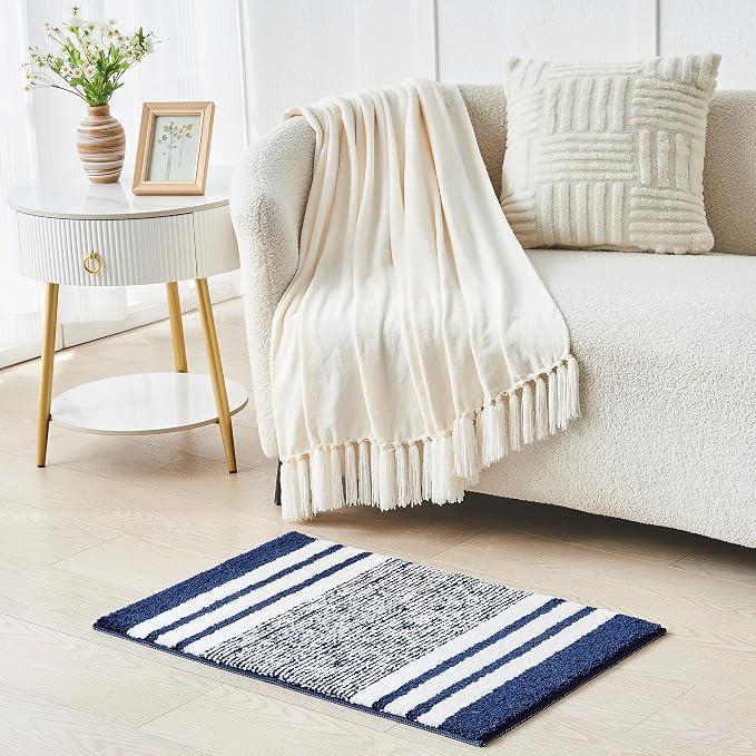 CozeCube Navy Blue Striped 36"x24" Non Slip Washable Bath Mat | For Bathroom, Fluffy Absorbent Microfiber Bath Mats Machine Wash, Stylish Large Aesthetic Bathroom Rugs