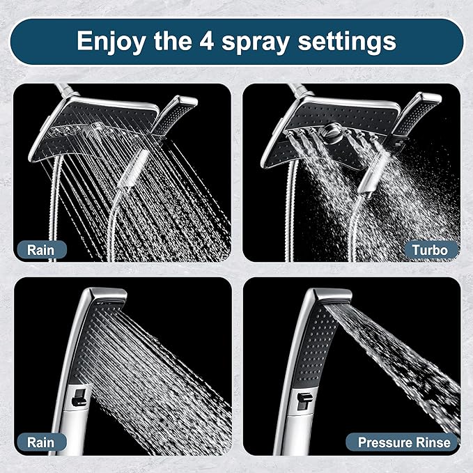 BRIGHT SHOWERS High Pressure Dual Shower Head Combo, Handheld Showerhead Rainfall Shower Head Set with Black Face, 60 Inch Long Stainless Steel Shower Hose, Chrome