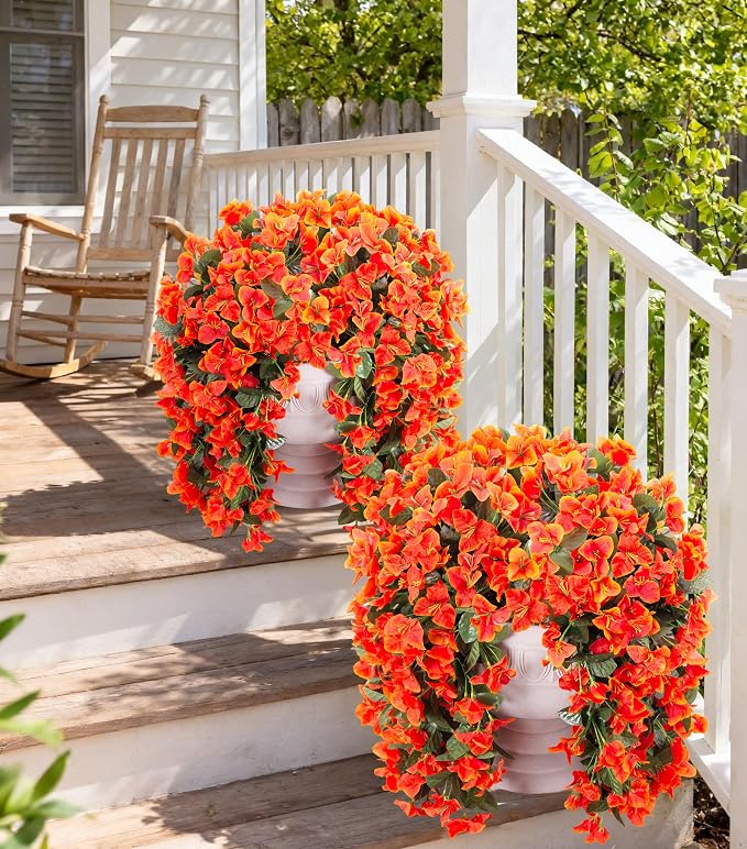 Artificial Bougainvillea Faux Flowers Plants for Outdoors Outside Fall Autumn Decor, 2 PCS Silk Trailing Vines UV Resistant Realistic Orange Fake Flowers for Planter Front Door Porch Patio Balcony