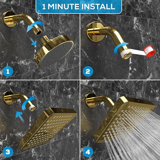 SparkPod Rain Shower Head, 6 Inch Square, Egyptian Gold Finish | High Pressure Shower Heads, 90 Nozzles, Adjustable Showerhead, No Tools Needed, Universal Connection