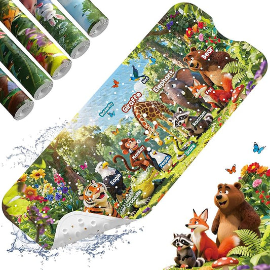 Bath Tub Mat Non Slip Bath Mat Shower Mat for Baby Adults, BPA Free Extra Long Bathtub Mat, 40x16 Inches Eco-Friendly Kids Bath Mats with Suction Cups and Drain Holes, Machine Washable,Animals