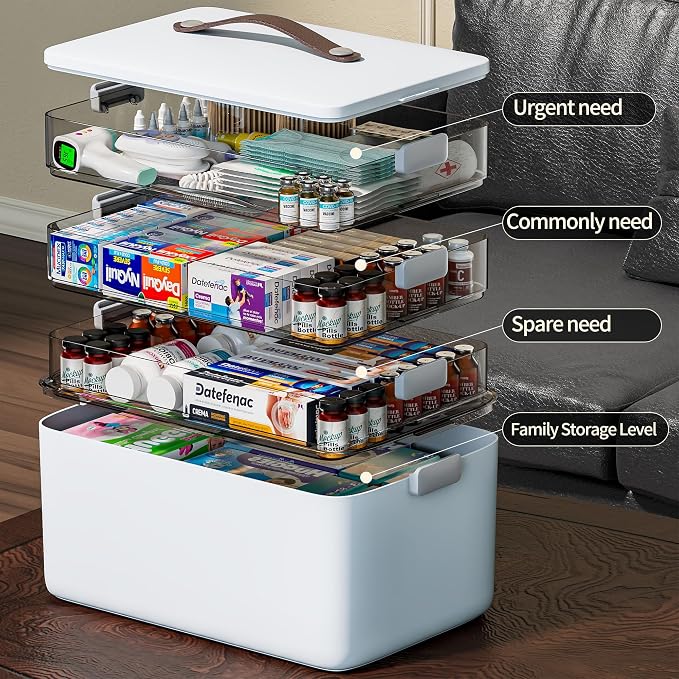 CTIME 4-Tier Medicine Organizer - Portable Medicine Cabinet with Handle | Multipurpose Medical Box, Pill Organizer, Empty First Aid Kit for Home Organization Must