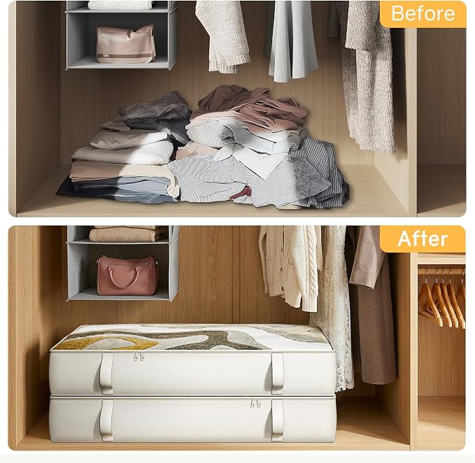 2-Pack Under Bed Storage Containers, 6 Inches Tall Clothes Storage, Beige | High Side Collapsible Underbed Organizer Bin with Sturdy Sidewalls/Bottom, Cotton Linen Bins, For Seasonal Clothes & Bedding