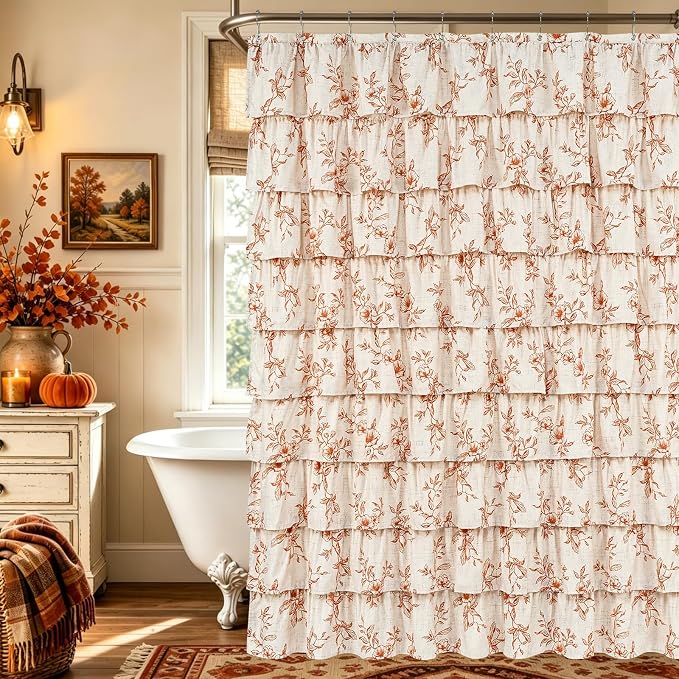 Yinhua Fall Ruffle Shower Curtains for Bathroom with Floral, 72" Wx72 L | Orange Floral Print, Ruflle Design, 12 Metal Hooks, Vintage Rustic Washable Waterproof Shower Curtain for Bathroom Bathtub