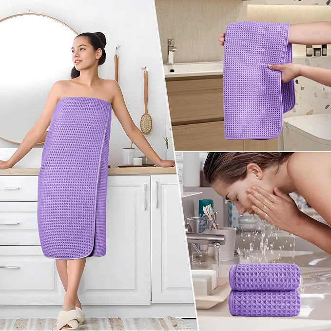 POLYTE 430 GSM Poly Blend Microfiber Quick Dry Waffle Bath Towel Set of 6 | 2-Body Towels, 2-Hand Towels, 2-Wash cloths, Oversize, Lint Free