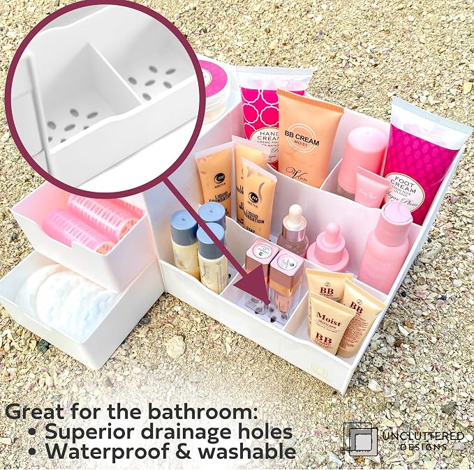 Large Makeup Organizer for Vanity - Countertop Desk With Drawers for Cosmetic, Beauty, Hair, Nail, Perfume & Skincare - Perfect for Bathroom & Bedroom Storage (White)