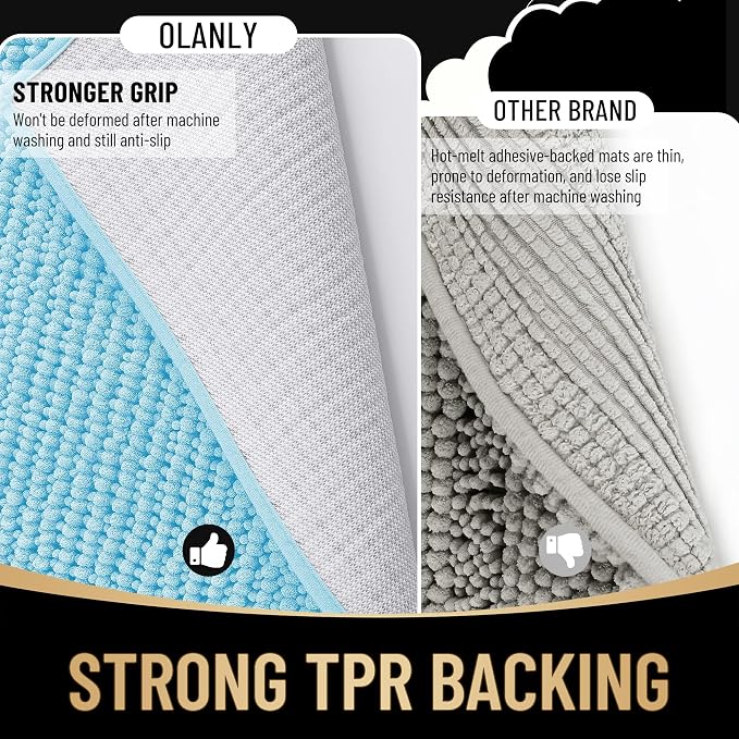 OLANLY Thick Chenille Absorbent Bathroom Rugs Mat 30x20, Sky Blue | Soft Bath Rugs, Rubber Backing, Machine Wash Dry, Bath Mats for Bathroom, Tub and Shower, Home Decor Accessories