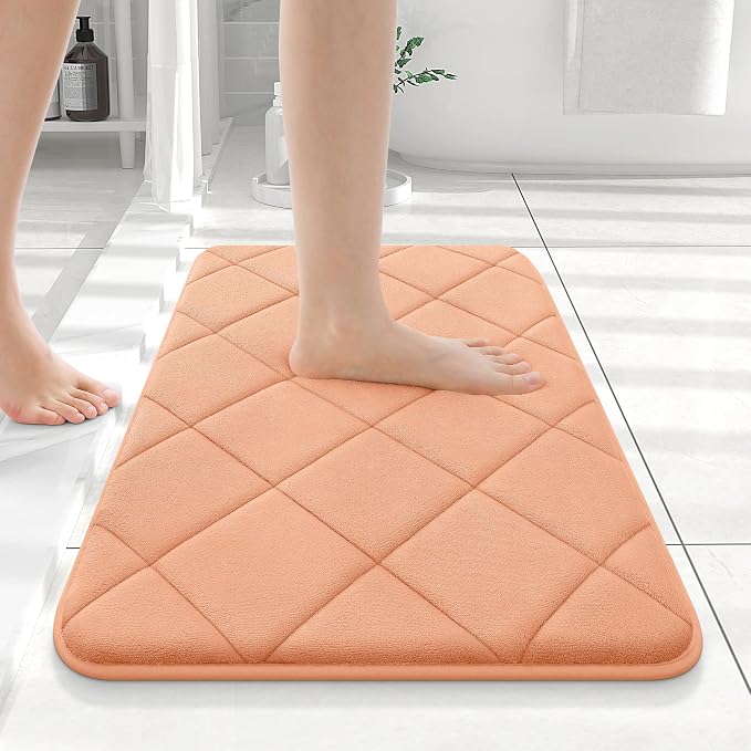OLANLY Memory Foam Bath Mat 24x16, Ultra Soft and Absorbent Bathroom Rugs | Peach, Quick Dry, Machine Washable Shower Bath Rugs, Comfortable Bath Carpet for Bathroom Floor, Tub and Shower