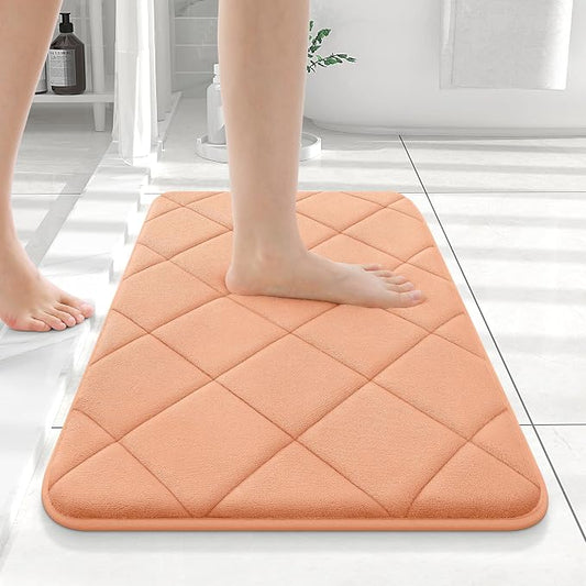 OLANLY Memory Foam Bath Mat 24x16, Ultra Soft and Absorbent Bathroom Rugs | Peach, Quick Dry, Machine Washable Shower Bath Rugs, Comfortable Bath Carpet for Bathroom Floor, Tub and Shower