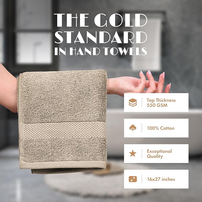 White Classic Wealuxe Taupe Hand Towels for Bathroom [12 Pack] Cotton Hand Towel Bulk for Gym, Kitchen and Spa, 16x27 Inches Soft Highly Absorbent Quick Dry Terry Salon Towels