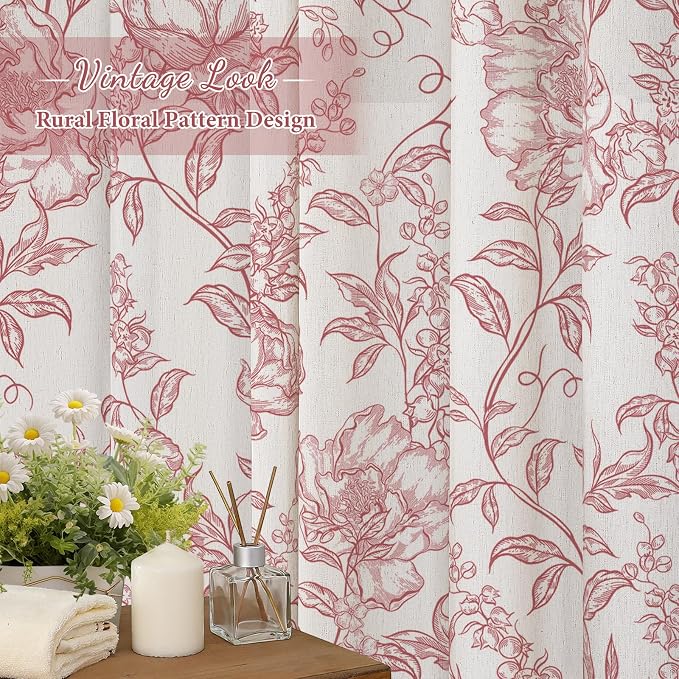 Pink Boho Linen Shower Curtain, Farmhouse Floral for Bathroom | Botanical floral print. Rustic farmhouse boho decor. Durable linen blend fabric. Machine washable for easy care. 72x78