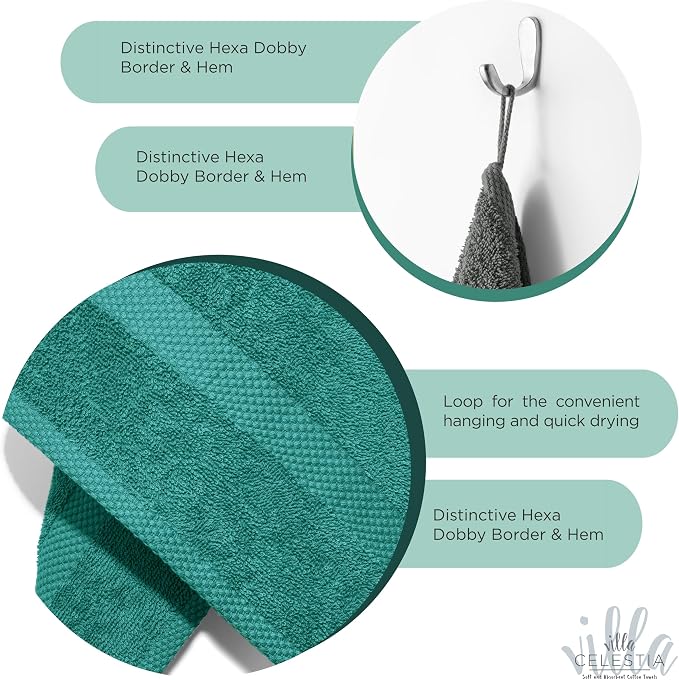 Villa Celestia Cotton Washcloths Set of 12, 12x12 Inch, 100% Ring-Spun Combed Cotton, Soft Absorbent Quick-Dry Wash Cloths for Face and Body, Oeko-TEX Certified, Hotel & Spa Quality, Teal