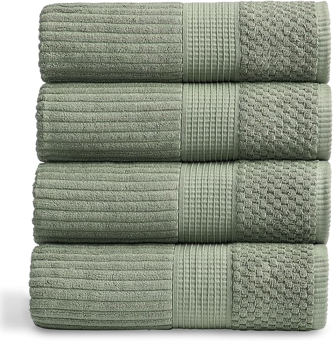 100% Cotton Bath Towel Set | 4-Pack | Textured | Green | Absorbent & Quick-Dry Bathroom Towels | Textured and Durable Cotton Towels for Bathroom | OEKO-TEX | Krista Collection