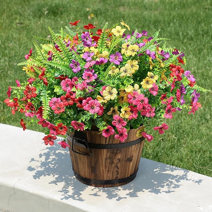 Artificial Faux Outdoor Flowers Plants for Summer Outside Decoration, 14 Bundles Fake Silk Colorful Daisy Ferns UV Resistant Realistic for Front Door Porch Planter Patio Yard