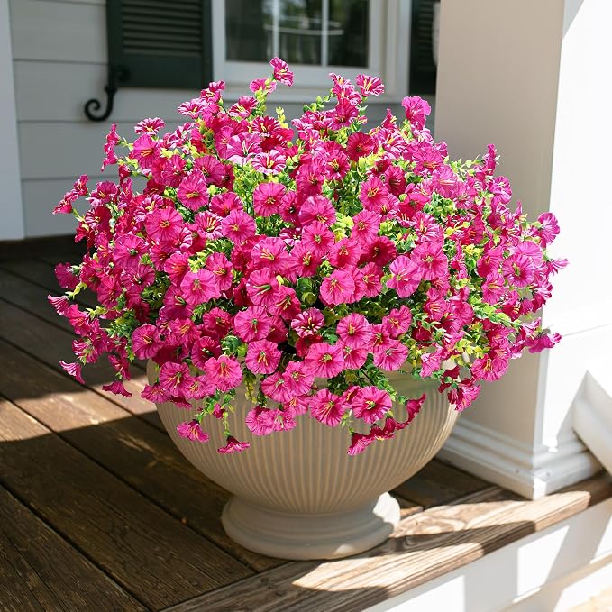 Artificial Flowers for Outdoors Fake Plants Outside Decoration, 12 Bundles Faux Fuchsia Morning Glory UV Resistant Look Real Silk Flowers for Outside Planter Front Door Porch Patio Yard Urn