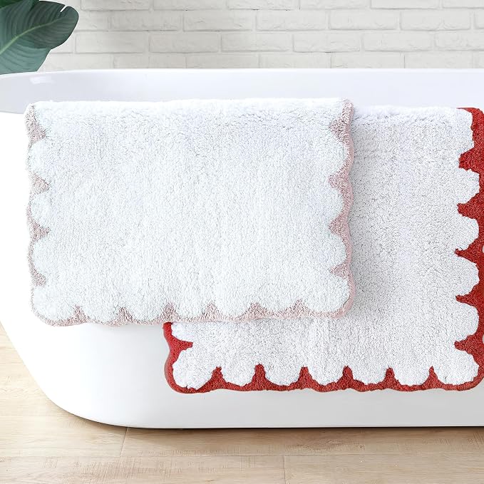 Peri Home Scalloped Bath Rug 20" x 30" White with Blush 1-Piece | Soft & Absorbent, Cotton Tufted, Mat, Scallop