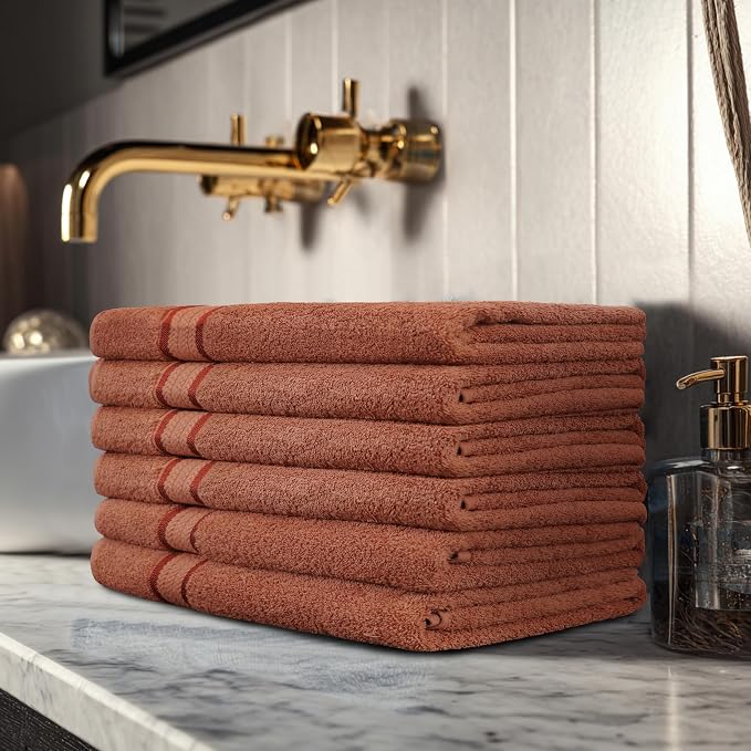 COTTON CRAFT Ultra Soft Hand Towels - 6 Pack 100% Ringspun Cotton Towel Set | Large 16x28 inch Mocha Hand Towels with a Luxurious Rayon Border - Plush Absorbent 580 GSM Easy Care - Ideal for Everyday use