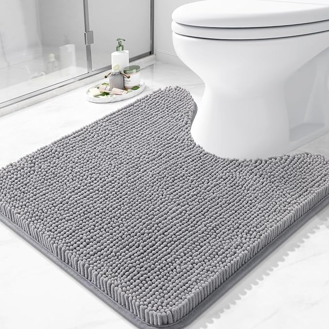 Arotive Bathroom Toilet Rugs Chenille U Shaped 24x24, Grey | Extra Soft Absorbent Shaggy Chenille Contour Bath Rugs for Toilet, Machine Washable Rubber Backing Contoured Bath Mats