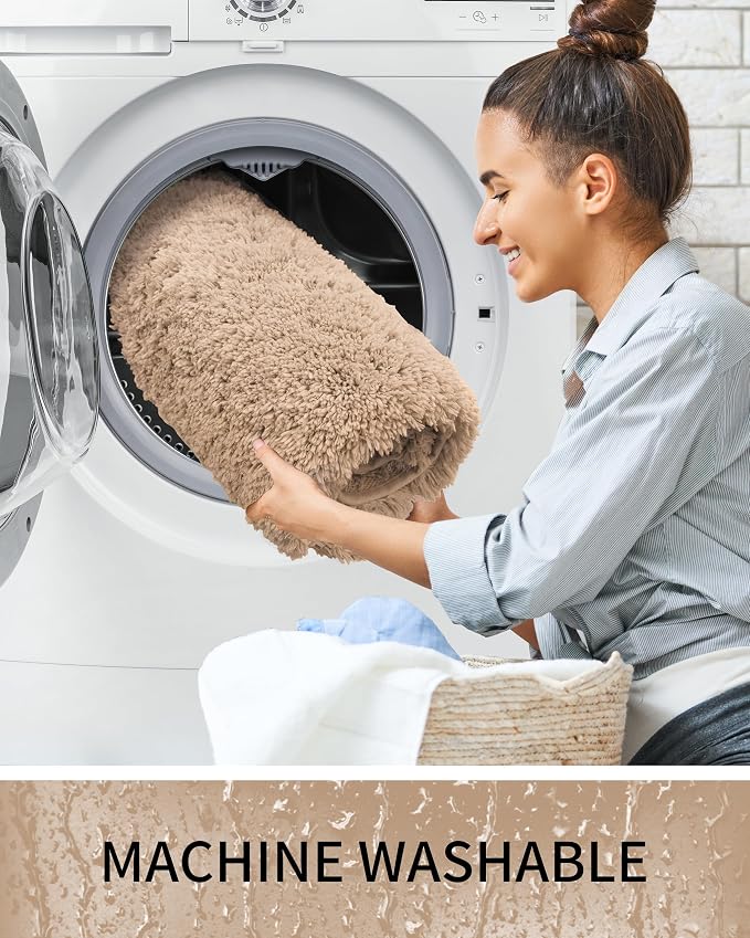 Bathroom Rugs Non Slip Washable, Ultra Thick Soft Microfiber Absorbent Bath Mats, High Density Foam Latex Non Slip Backing Bath Rugs, Fluffy Floor Carpet for Tub&Shower 24x17, Beige