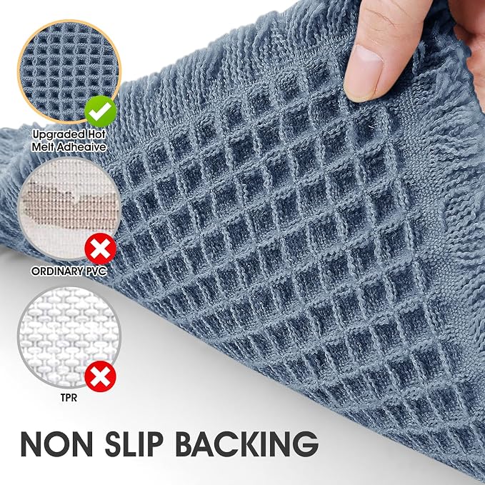 Waffle Bath Mat Blue 36"x24", Boho Woven Modern Bath Mat Rugs, Absorbent Non Slip Bathroom Rugs, Soft Washable Bath Rugs with Tassels for Bedroom, Kitchen, Shower, Tub