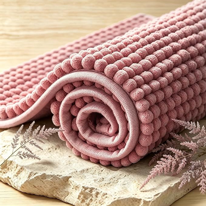 SUBRTEX Bathroom Rugs, 24" x 55" Chenille Bath Rug Soft Short Plush Bath Mat Soft Shower Mat Water Absorbent Shower Mat Quick Dry Machine Washable, Pink