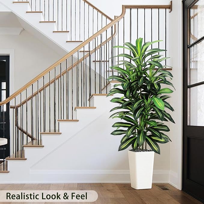 Artificial Dracaena Tree Indoor, 5FT Tall Fake Floor Plants with White Planter, Faux Silk Yucca Tree for Home Office Living Room Bedroom Farmhouse Modern Outdoor Topiary Tree