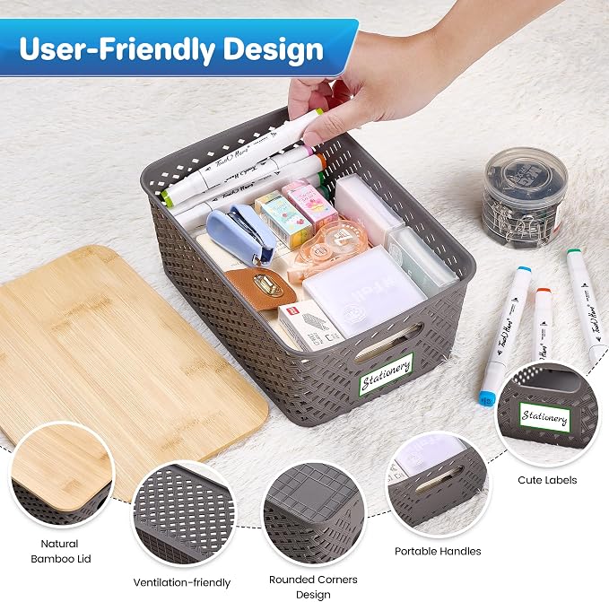 Anysig 8 Pack Plastic Storage Bins with Bamboo Lids, 5.2 QT Stackable Bins | Decorative Small Storage Basket Containers for Organizing Shelves Office Classroom Desktop Closet, Grey