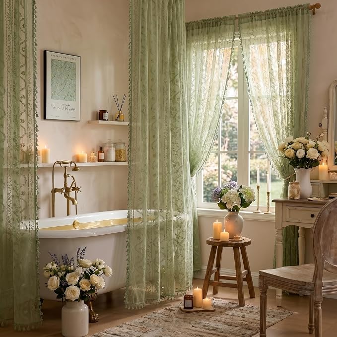 WAZZIO Sage Green Lace Shower Curtain - Vintage Pretty Floral Sheer Shower Curtains, Elegant Decorative Tassel Bath Curtains for Bathroom, 72 x 84 Inch, 1 Piece