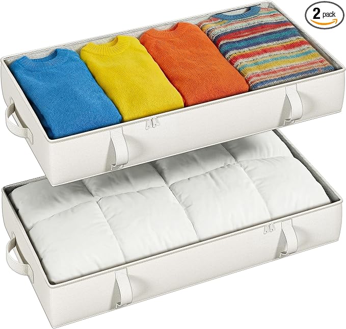 2-Pack Under Bed Storage Containers, 6 Inches Tall Clothes Storage, Beige | High Side Collapsible Underbed Organizer Bin with Sturdy Sidewalls/Bottom, Cotton Linen Bins, For Seasonal Clothes & Bedding