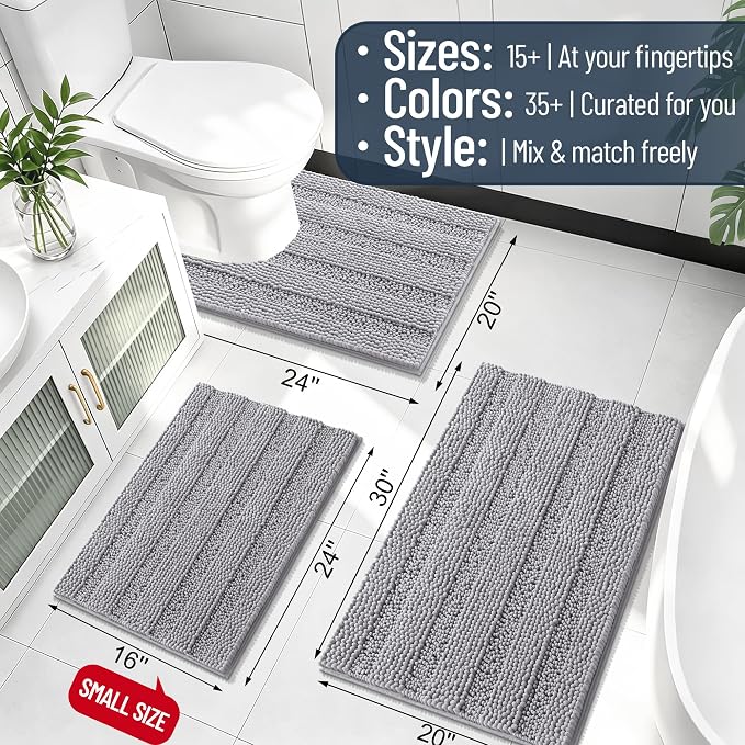 Smiry Thick Chenille Large Bathroom Runner Rugs 45x27, Soft Bath Mat, Grey | Quick‑Dry & Machine Washable, Non‑Slip Bath Carpet, Striped Bath Rugs for Tub & Shower, Modern Home Decor Accessories