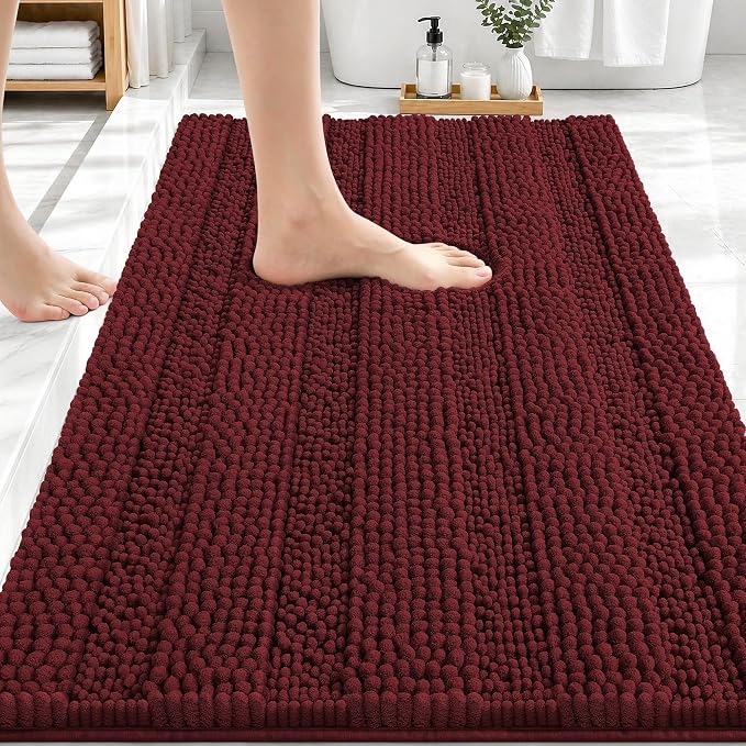 OLANLY Thick Bathroom Rugs 30x20, Chenille Bath Rugs, Andorra Red-Brown | Rubber Backing, Machine Wash, Extra Absorbent Striped Bath Mats for Bathroom Floor, Tub and Shower, Home Decor Accessories