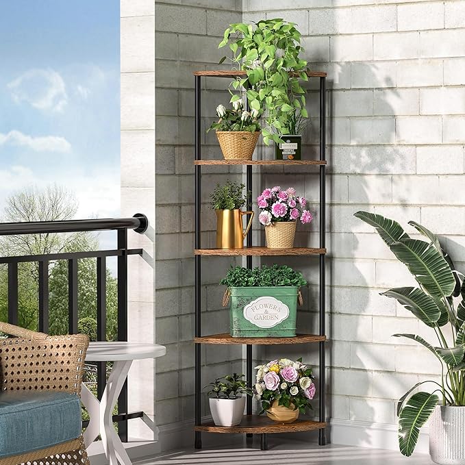 Corner Plant Stand Shelf, 5 Tier Tall Shelf Plant Stand for Indoor Plants, Rustic Brown Corner Bookshelf Wall Decor Living Room, 44.1" Display Shelf for Bedroom, Bathroom, Small Space